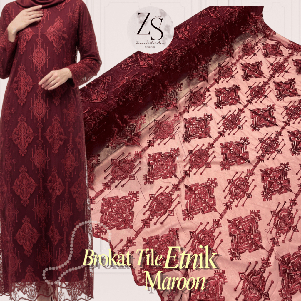 1/ Meter Kain Brokat Tile Bordir Etnik Warna Maroon / Bahan Kebaya Kondangan Pesta Lamaran Wisuda
