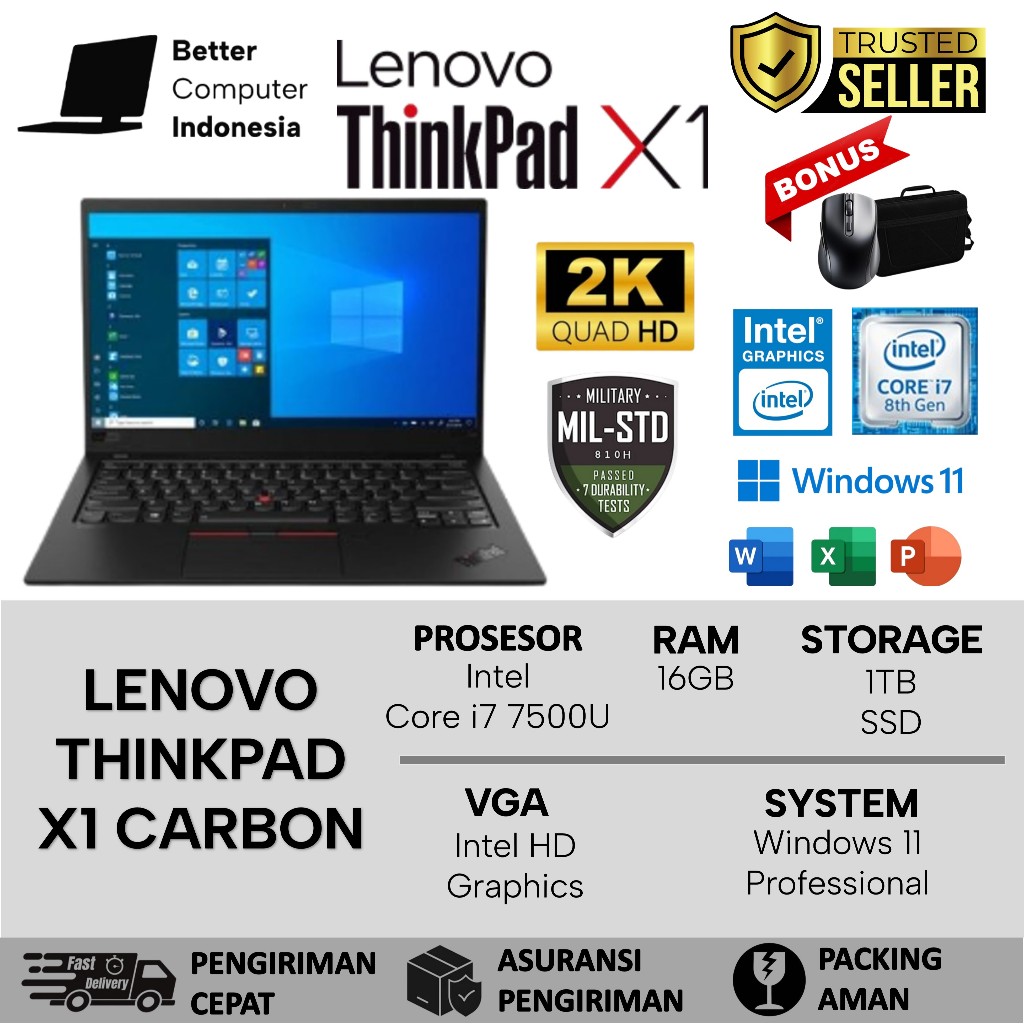 Laptop Lenovo Thinkpad X1 Carbon intel Core I7 7500U Ram 16GB 1TB SSD 14 Inch QHD Windows 10 Pro