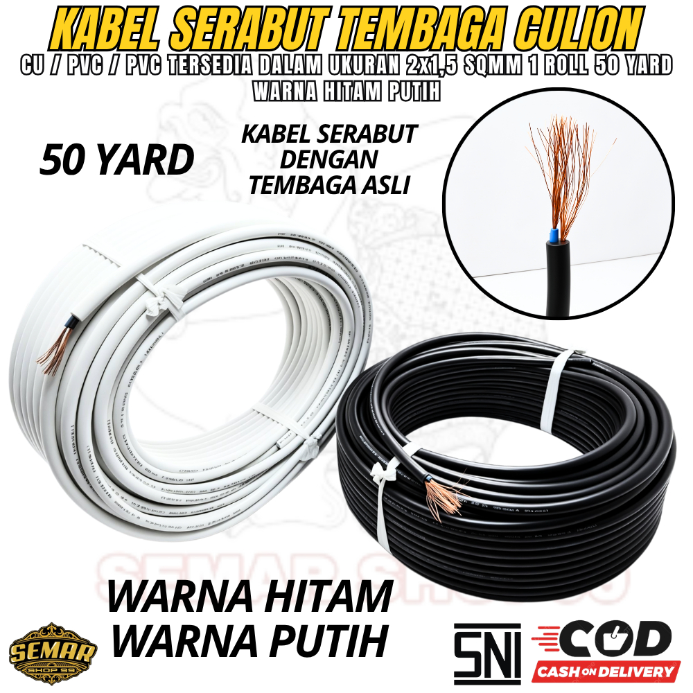 Kabel Listrik 2x1.5 Serabut Tembaga 1 ROLL 50 YARD Warna HITAM (NYYHY) / PUTIH (NYM) 2x1.5 Tembaga S