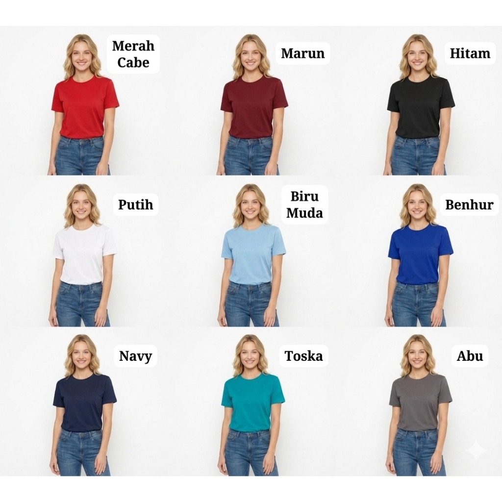 ( semi katun combed 24s ) Kaos polos wanita lengan pendek hitam, putih, merah, biru, abu abu, hijau 