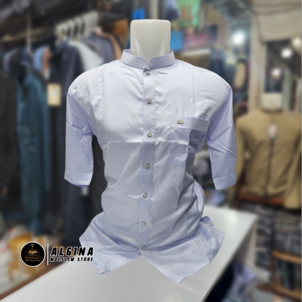 Koko Al Wafa Putih KF Lengan Pendek Bahan Satin Korea Kancing Thailand Full | Baju Muslim Lengan Pen
