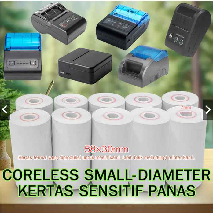 Kertas Struk Thermal 58x30mm Coreless - Polos Tanpa Logo, Cetak Hitam, Cocok untuk Printer Bluetooth