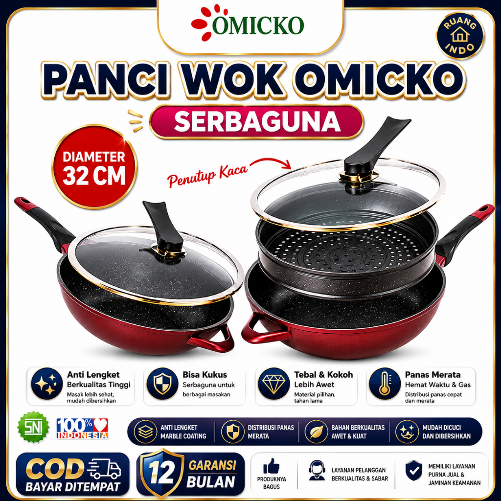 Set Panci Wok Omicko 32 cm + Kukusan Steamer – Panci Wok, Panci Kukusan Anti‑Lengket Steamer