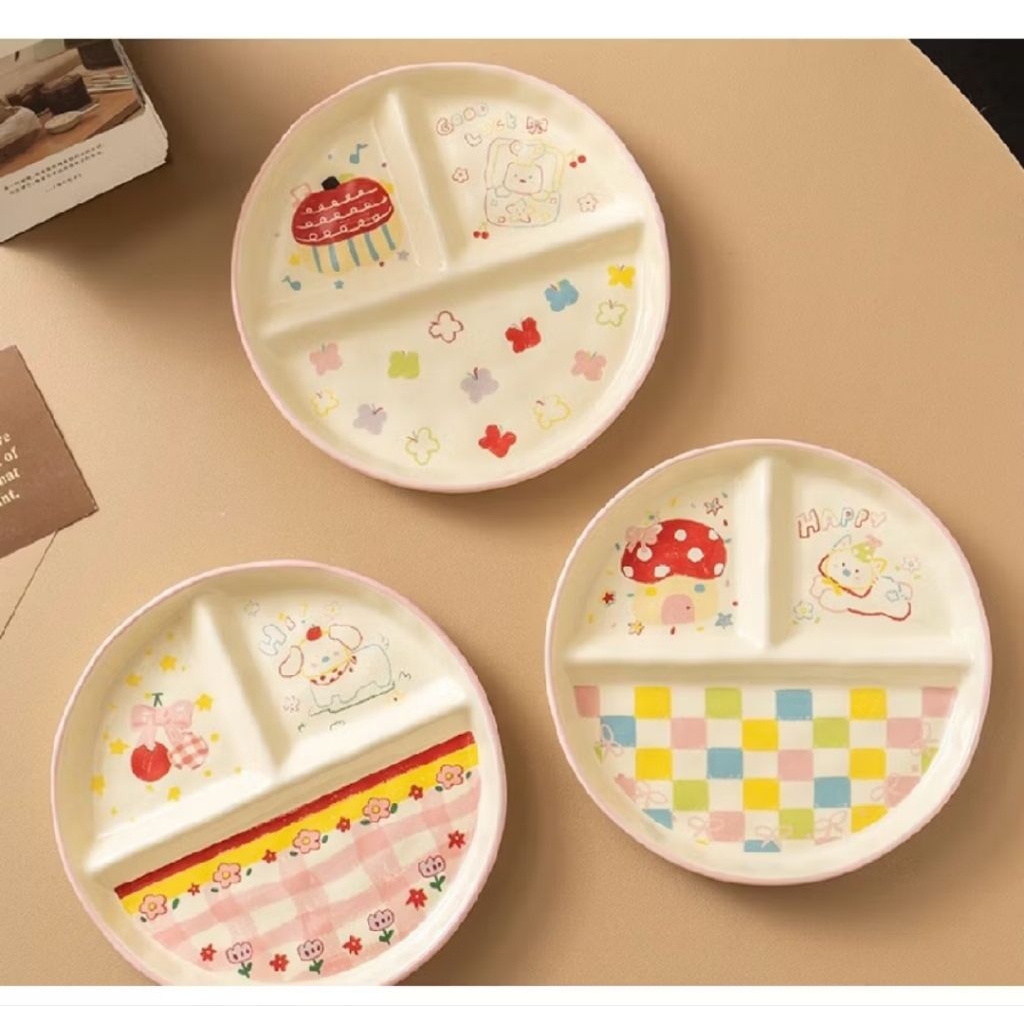Piring Sekat Keramik Motif Imut Lucu Cafe Korea Tahan Panas / Piring Makan Nasi sekat Premium Satuan
