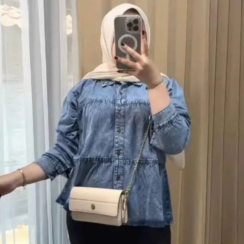 Numala Kemeja Jeans Crop Top Atasan Wanita Lengan Panjang Jumbo Ld 120