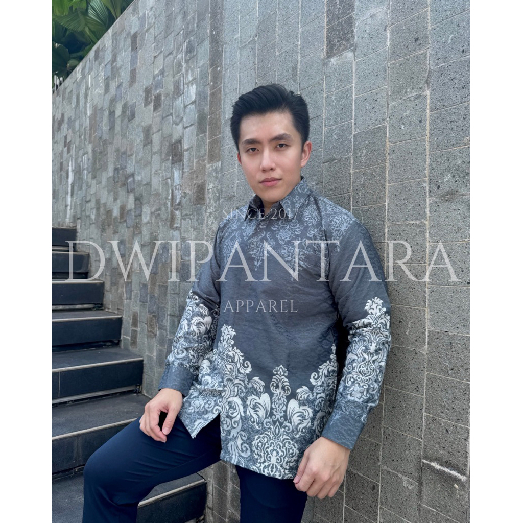 Batik Tigi Abu Silver, Batik Pria Premium, Lengan Panjang, Dobby Furing