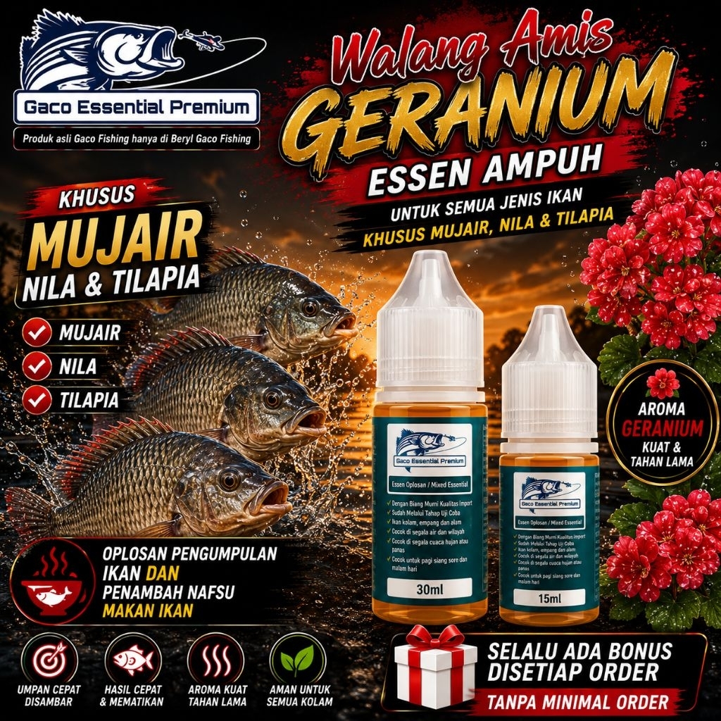 GACO Essen ikan nila dan mujair WALANG AMIS GERANIUM - JAMINAN ANTI ZONK