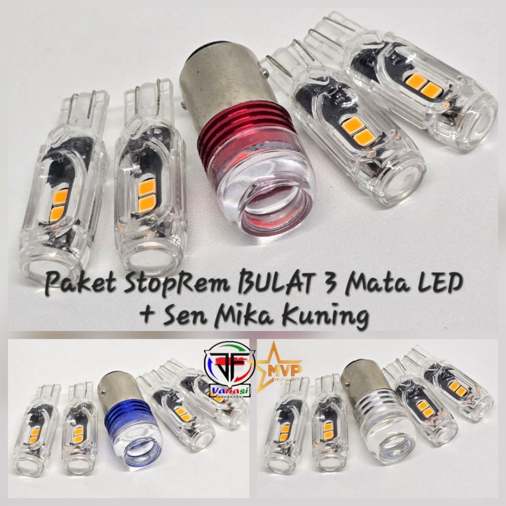 Paket Lampu Stop Rem BULAT 3 MATA LED + Sen MIKA KUNING Super TERANG Led Depan Belakang Universal WA