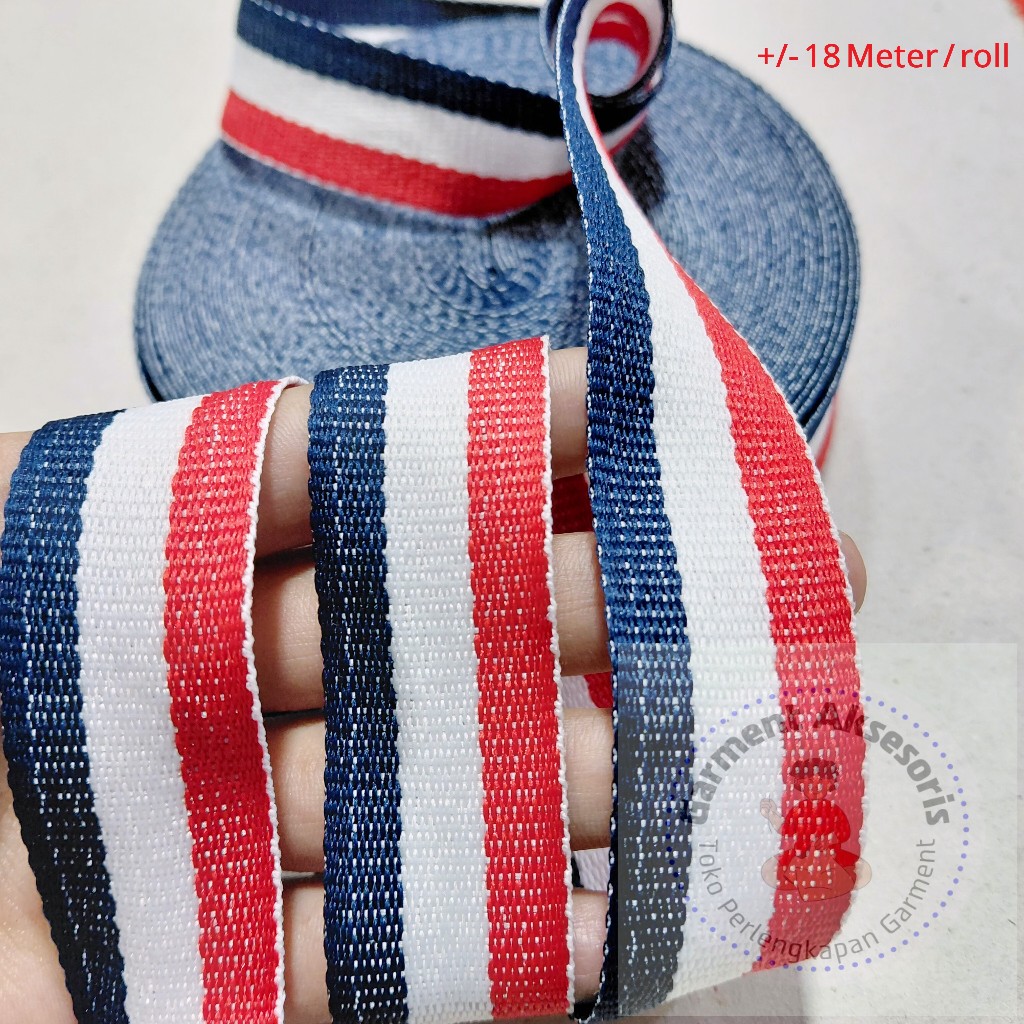 Tali Webbing Tas Motif GC Strip 3 Merah Putih Biru 20yarc / Webbing Tali Tas Motif Strip 3 Grosir
