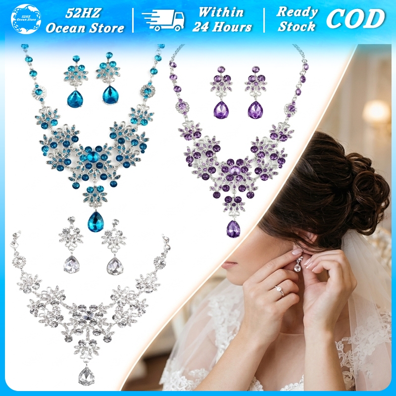 Set Perhiasan Pengantin Kalung Anting Warna Biru Ungu Putih Aksesoris Pesta