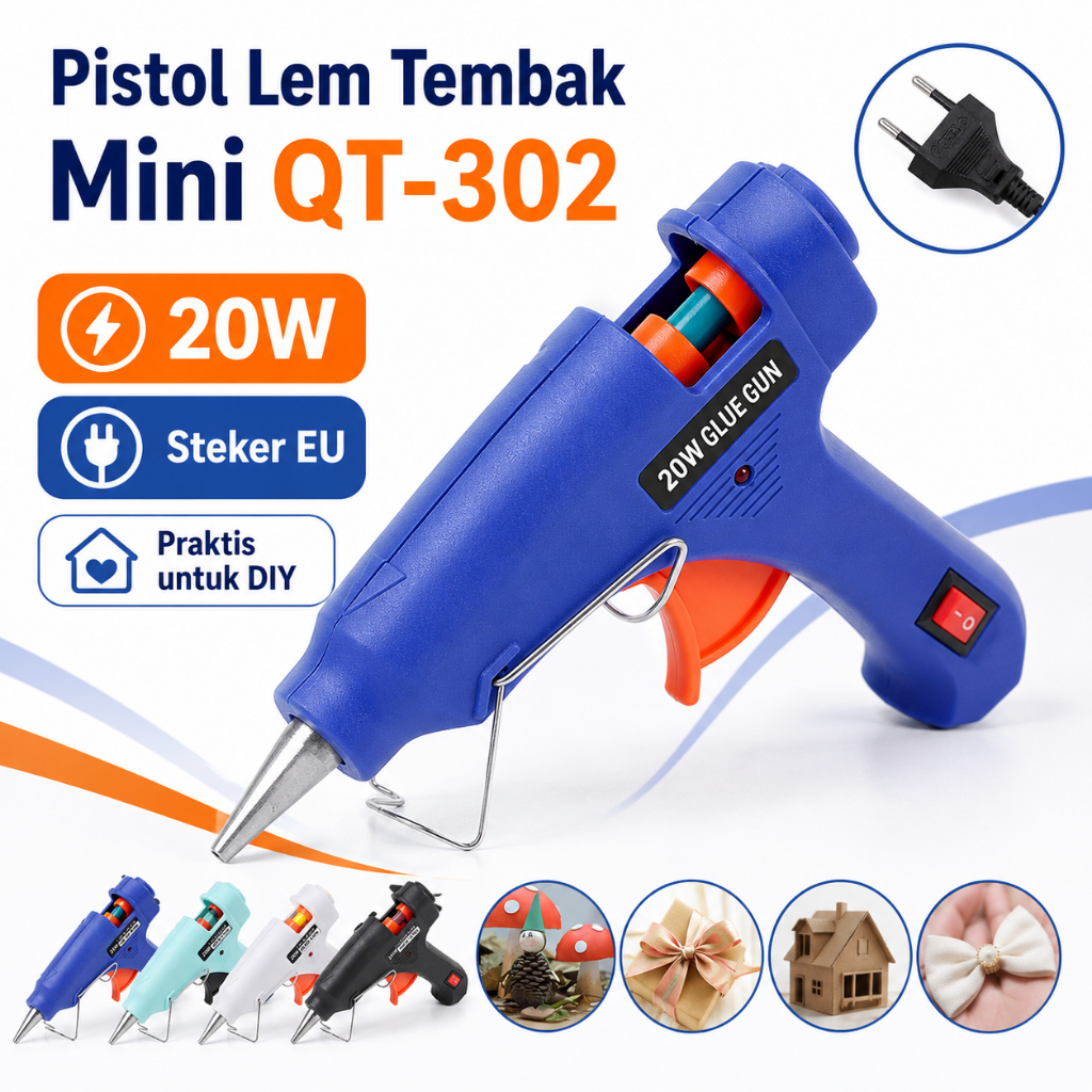 Pistol Lem Tembak Mini QT-302 20W Steker EU Glue Gun Hot Melt DIY Perekat Kerajinan untuk Kayu Kerta