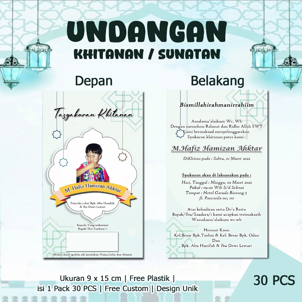 Undangan Khitanan Kecil baru Custom Nama dan Foto Undangan Sunat ( isi 30 PCS )