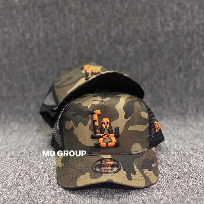 Topi Jaring Trucker Camo Pria Wanita Motif LA Orange Camo Coklat-Topi Kasual Trucker