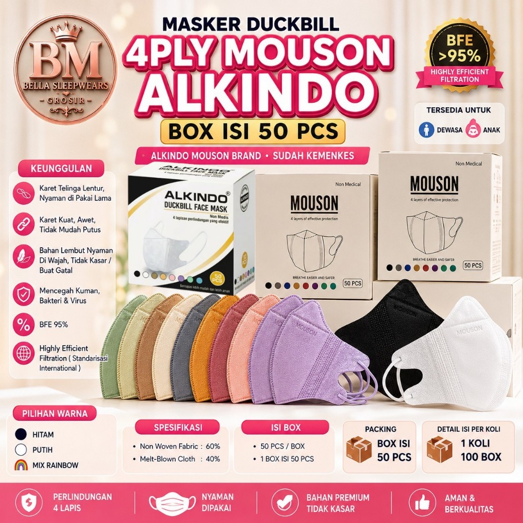 BELLA | MASKER DUCKBILL isi 50 pcs ALKINDO MOUSON 4PLY PUTIH HITAM MIX WARNA EMBOS TERMURAH FACE MAS