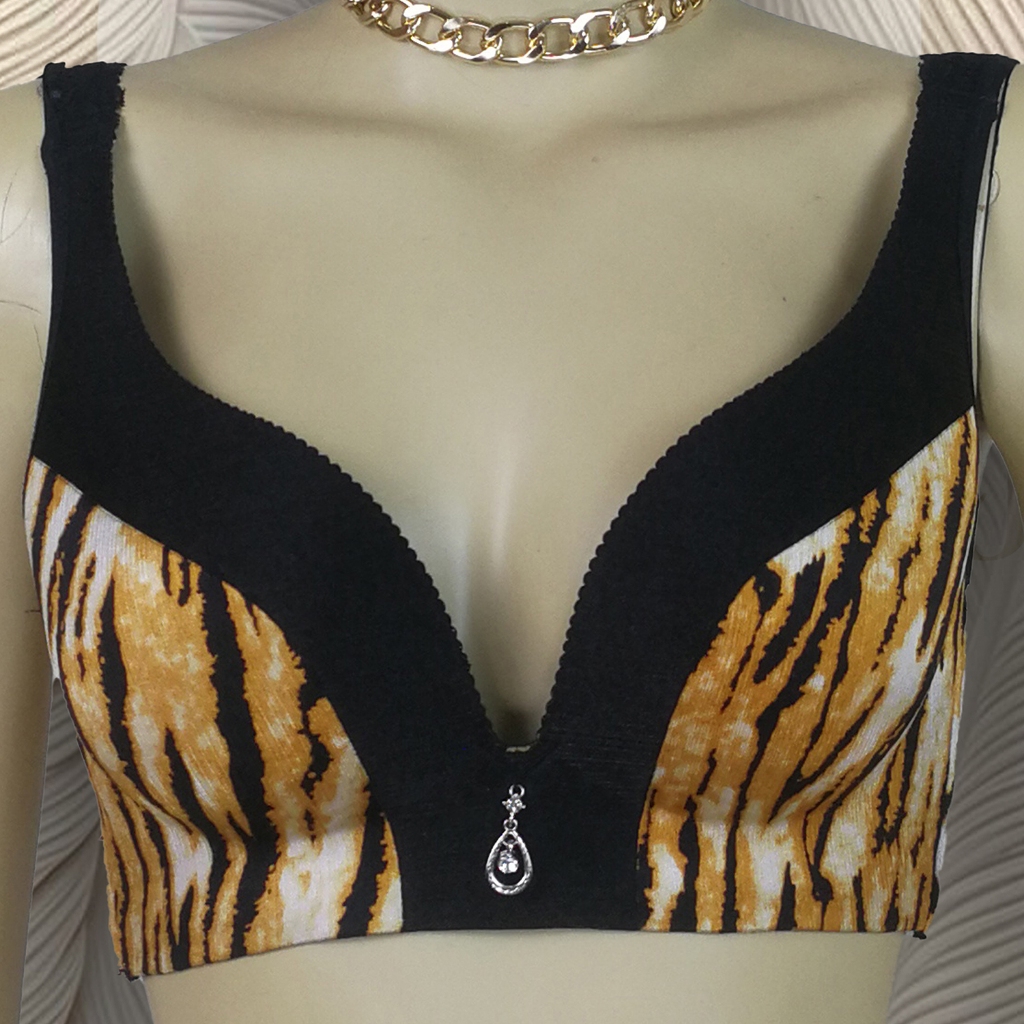 Black And Tiger Print Patern Bralette 32D Bra Dengan Renda Tanpa Kawat Motif Macan BRA32 Design Unik