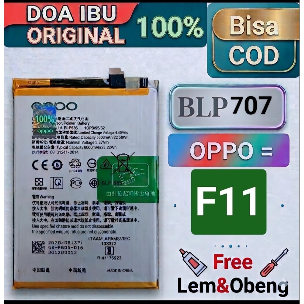Baterai Oppo F11 Blp 707 Original+Obeng Dan Lem