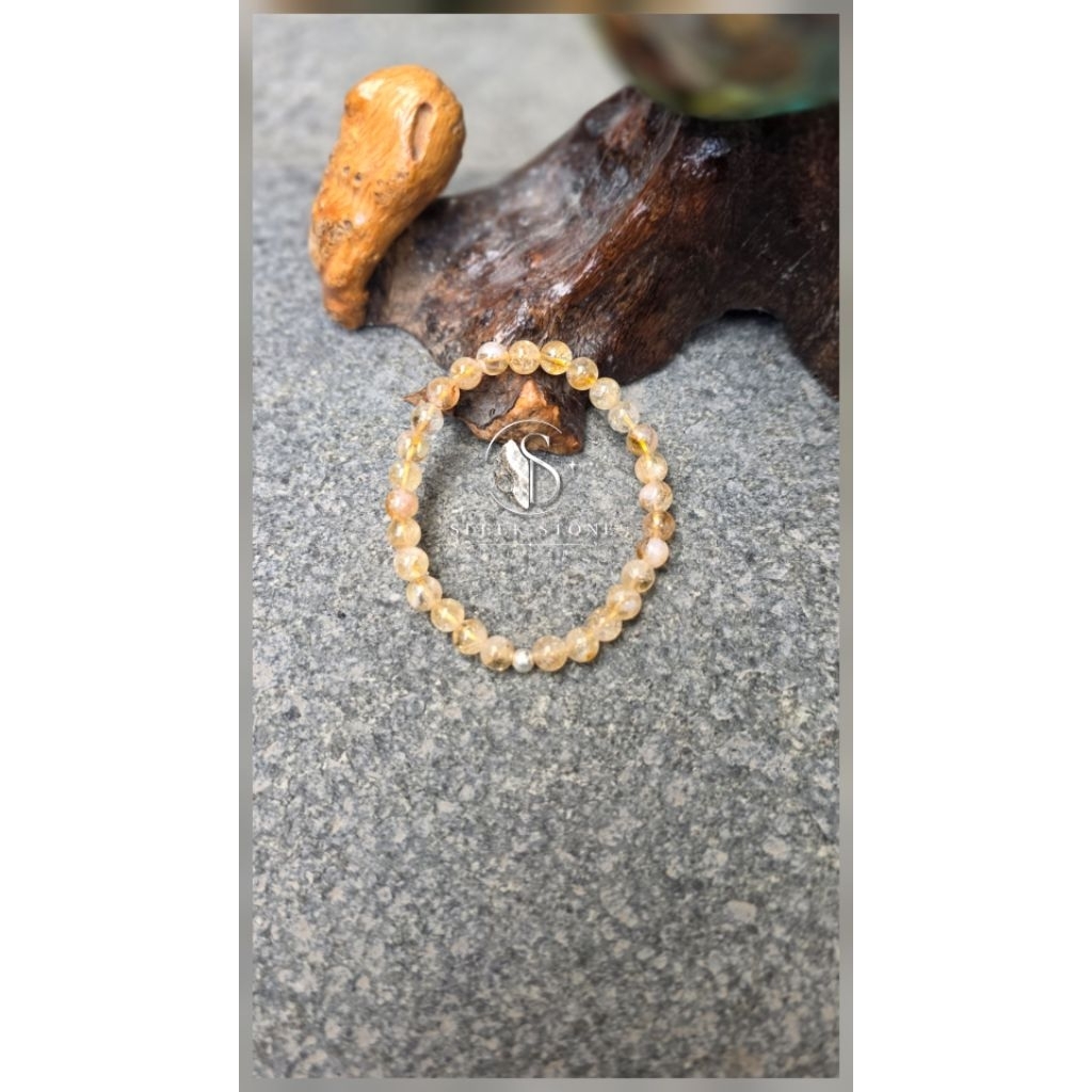 Gelang Elastis Citrine With Bead Bola Silver (Batu Asli Uk.6mm)
