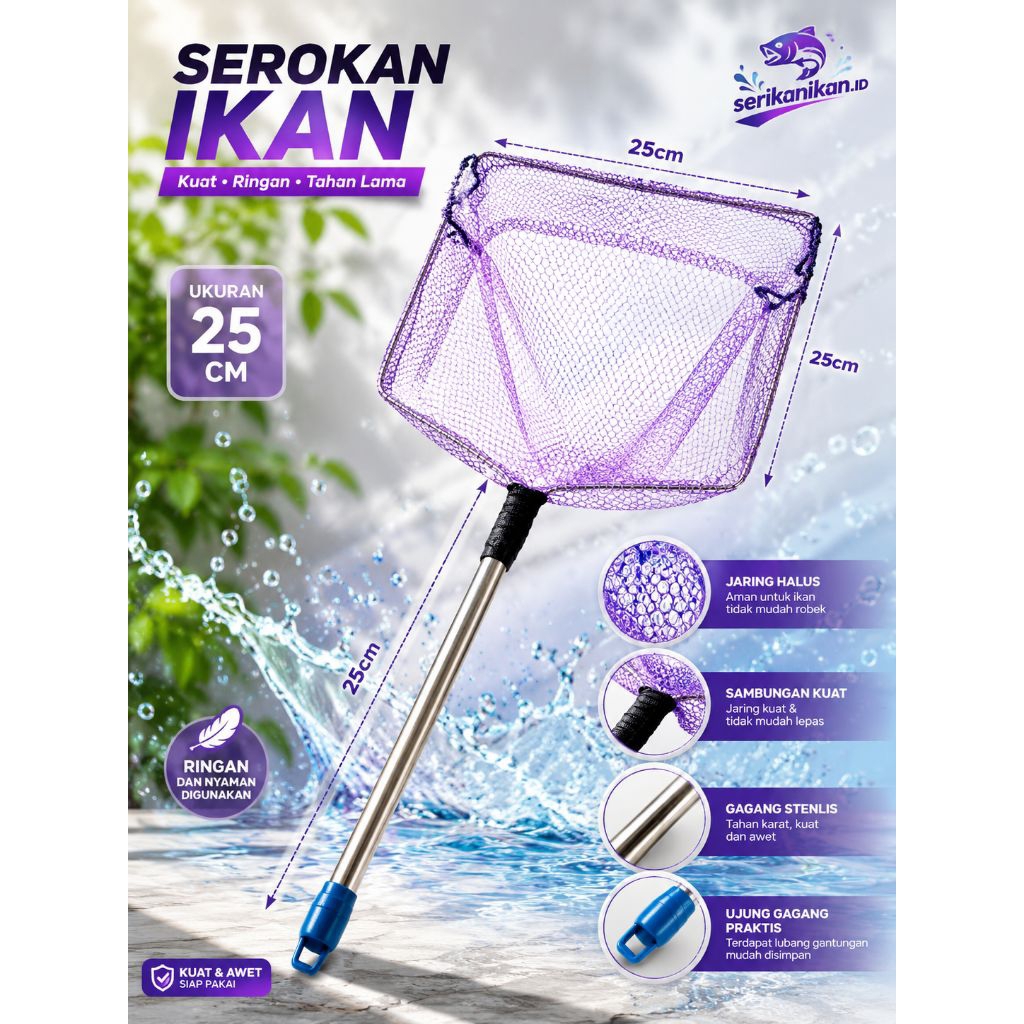 Serokan Ikan Aquarium Seser Ikan Gagang Stainless 25cm Serok Ikan Kolam 25x25