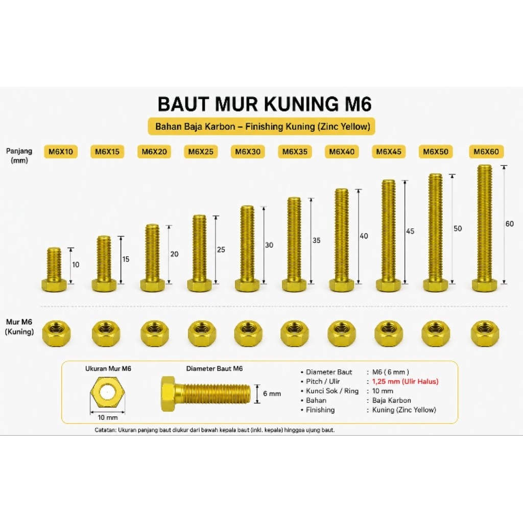 Baut mur kuning BMK M6 pitch 1,25 kunci 10 drat halus