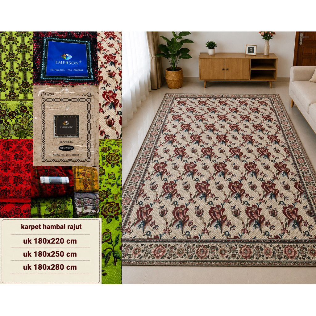 Karpet Hambal Rajut Emerson UK 180 x 220 CM , Uk 180x250 , UK 180x280 / Karpet Hambal Tikar Lotus Se