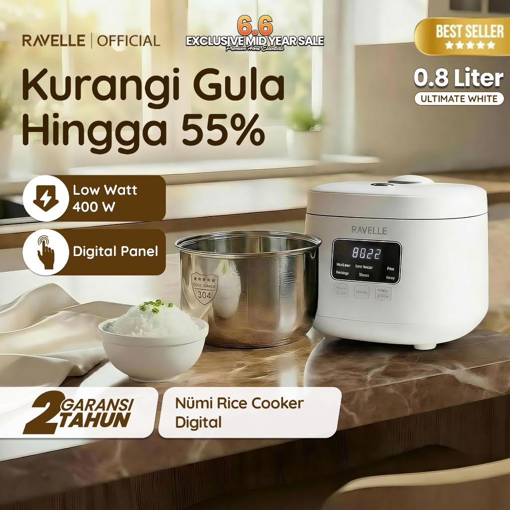 Ravelle NUMI Rice Cooker Digital Low Carbo 0.8 Liter Nasi (2 Liter) - Penanak Nasi Low Watt ( Stainl