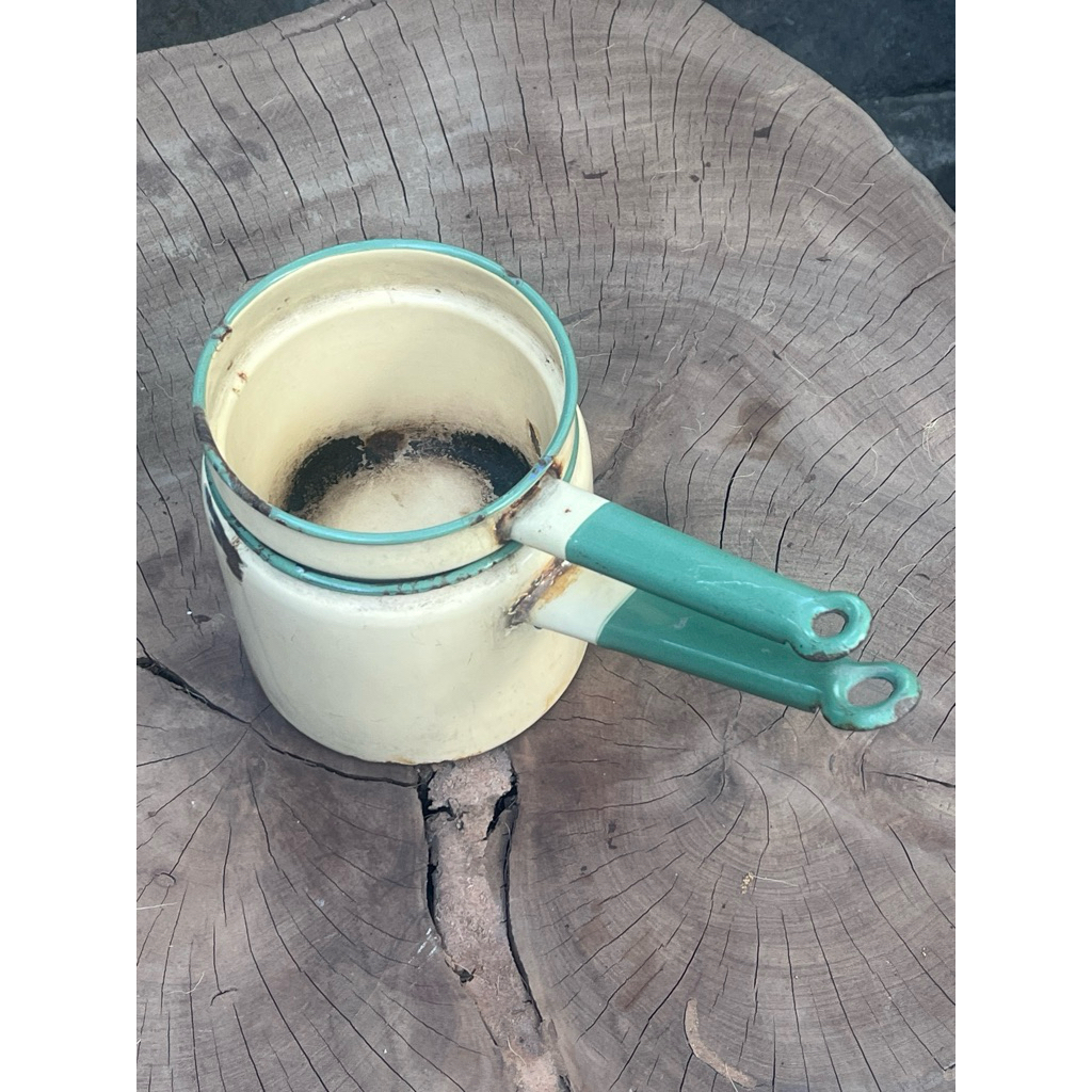 Panci / Gayung Bahan Enamel / Enamelware Vintage Klasik Double Boiler with Green Trim