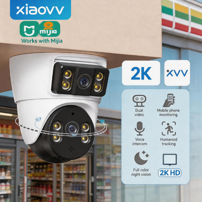 XVV MIJIA MIHOME APP BQ3 CCTV WiFi Kamera Ganda 2K Dual Layar WiFi Night Vision 360° Outdoor 2.4G CC