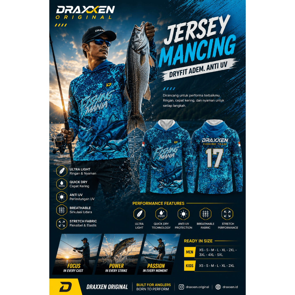 Jersey Mancing Hoodie Dryfit Draxion – Baju Mancing Lengan Panjang Anti UV Quick Dry