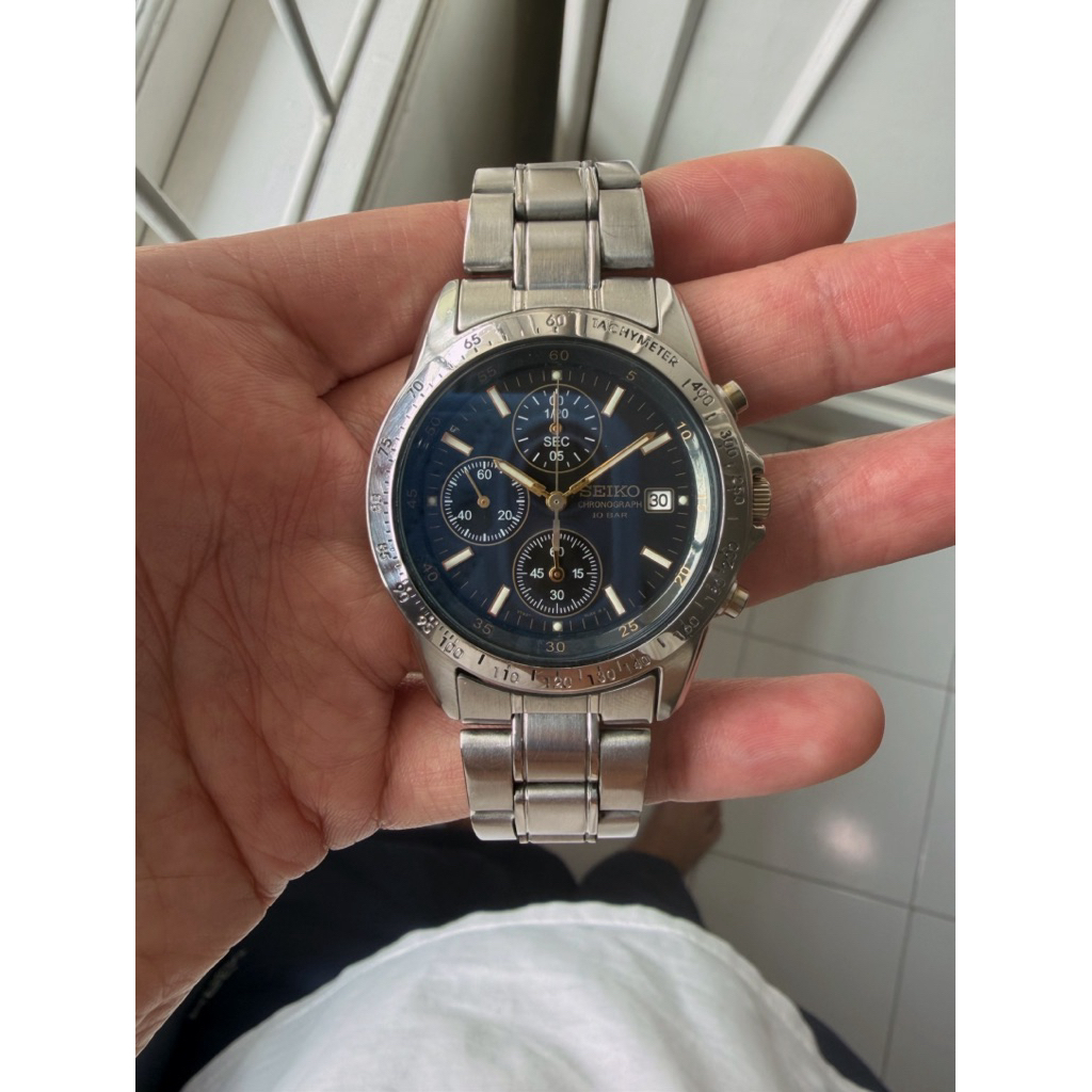 Seiko Chronograph tachymeter Quartz Ref 7T92-0DW0 full original black dial chrono aktif kondisi isti