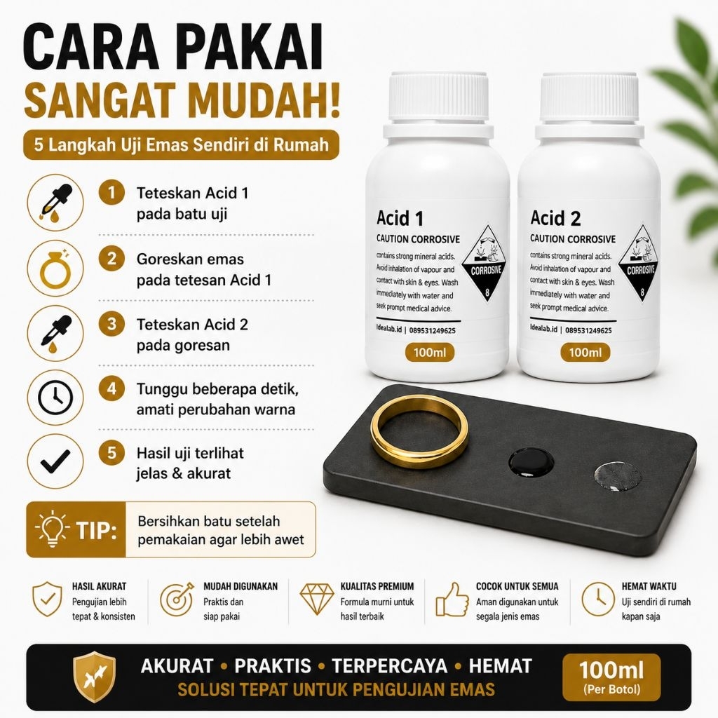 Set Cairan Uji Emas Acid 1 & Acid 2 + Batu Uji 100ml | Tester Emas Asli & Kadar Emas