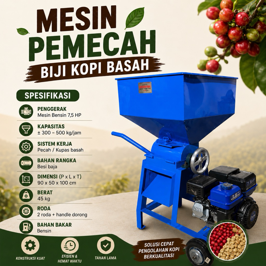 Mesin selep kopi basah, pemecah biii basah