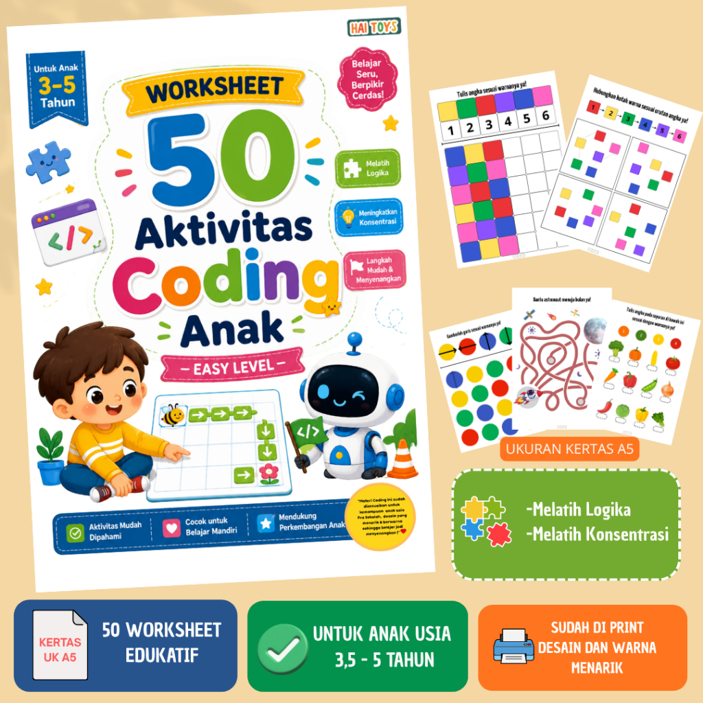 Hai Toys - 50 Lembar Aktivitas Coding Anak. Worskheet Edukasi untuk PAUD & TK