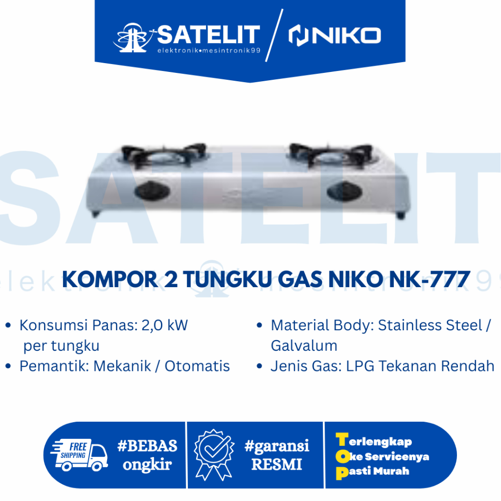 KOMPOR 2 TUNGKU GAS NIKO NK-777 - Api Biru Murah Anti Karat Pemantik Otomatis SNI Original