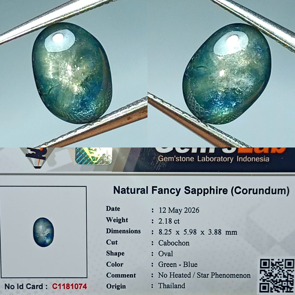 NATURAL PERMATA FANCY SAPPHIRE THAILAND 2.18 CARAT GREEN - BLUE CABOCHON MEMO GLI LAB