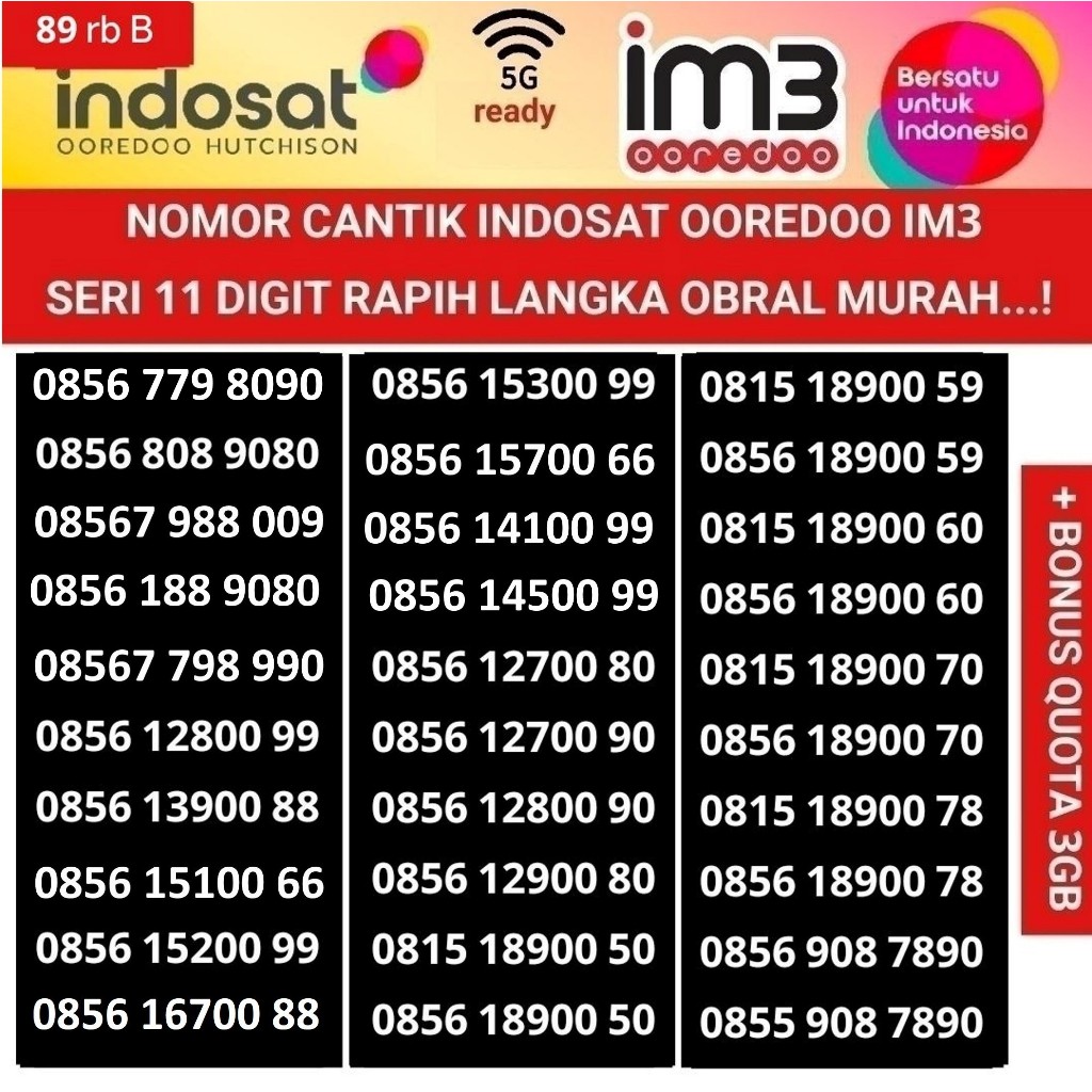 nomer cantik 11 digit indosat ooredoo 4G 5G ready nomor kartu perdana im3 internet freedom 3GB