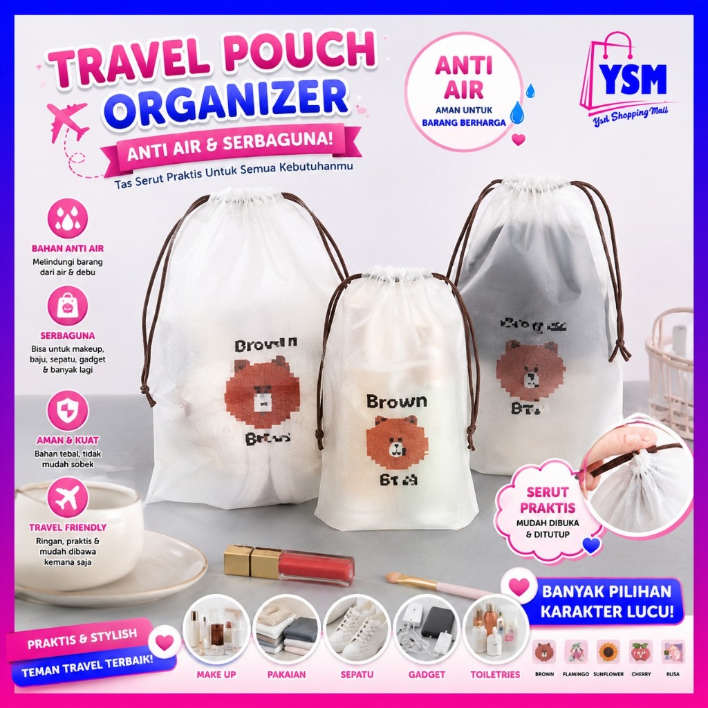 YSMTravel Pouch Organizer Anti Air Karakter Tas Serut Make Up Serbaguna Kantong Travel Bag Waterprof