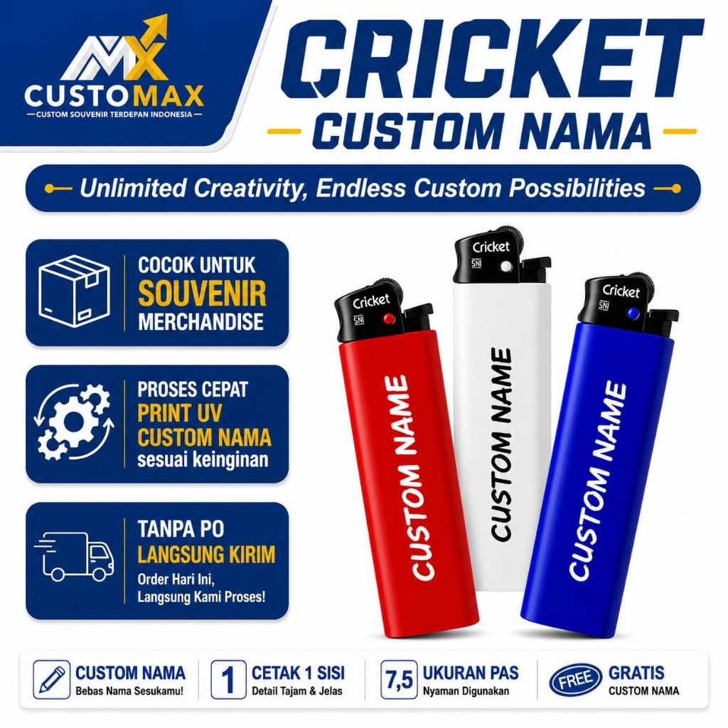 CUSTOMAX Cricket Ori Custom Nama / Korek Api Cricket Original / Cetak Print UV