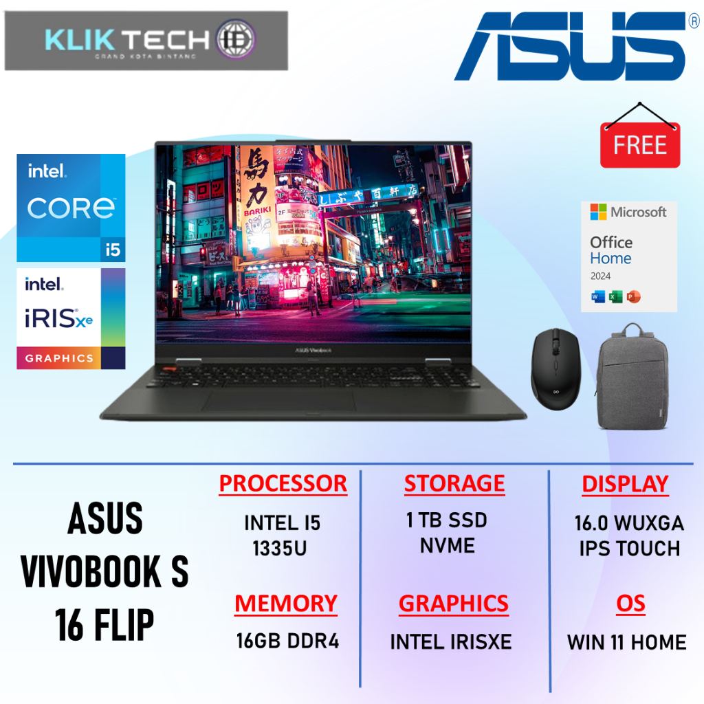 Laptop ASUS Vivobook S16 Flip TP3604VA i5-1335U 16GB 1TB SSD Touchscreen Laptop 2in1 Win11Home