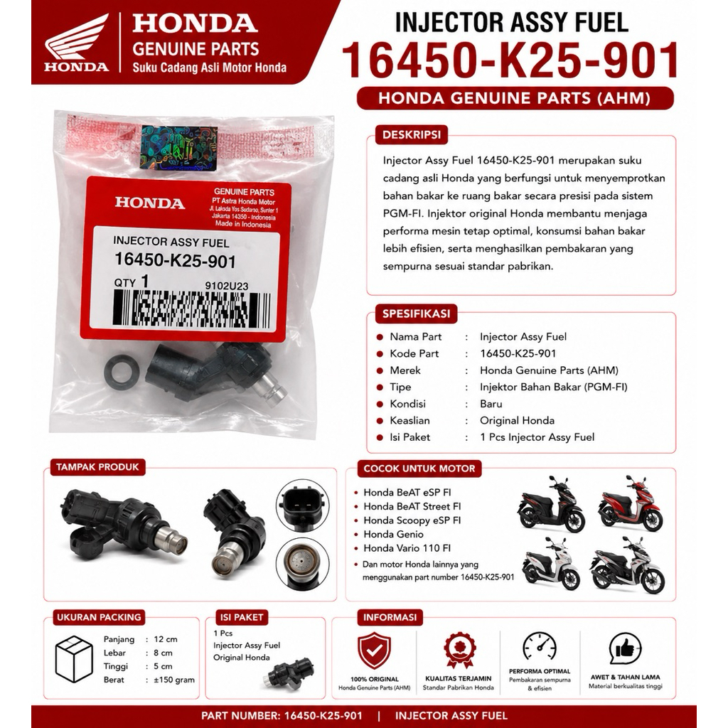 Honda Genuine Parts Injector Assy Fuel 16450-K25-901 Original AHM Injektor Bensin Motor Honda FI