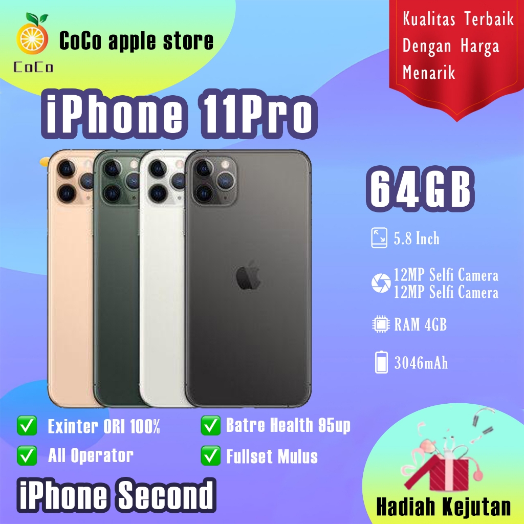 Apple iPhone 11Pro 64GB Second Bekas Original100% 5.8"OLED-Ori Fullset Mulus Normal Like New Phone