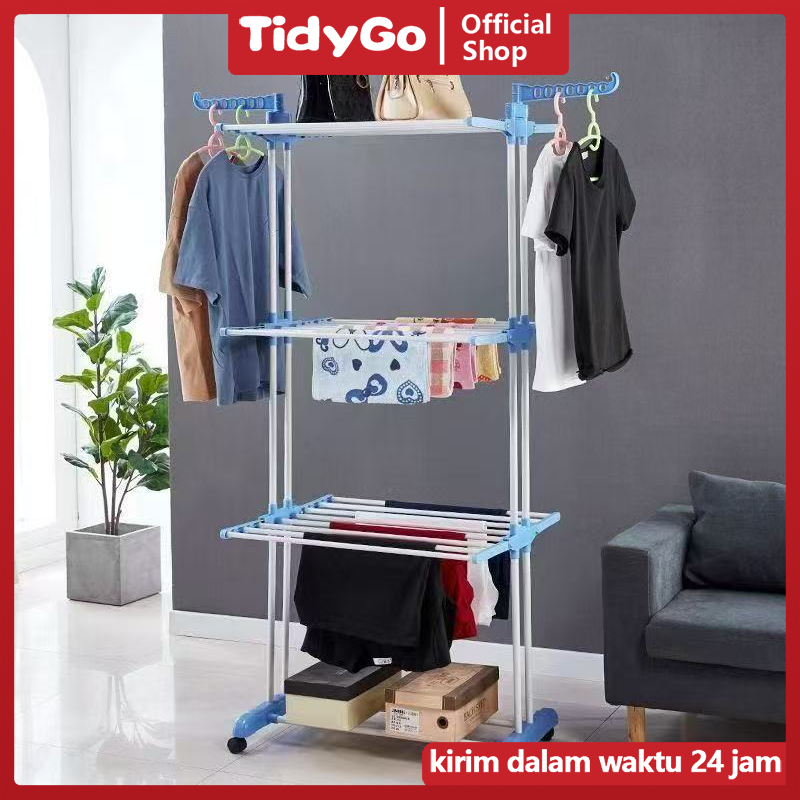 TidyGo JEMURAN BAJU PAKAIAN 3 SUSUN RAK GANTUNGAN HANDUK LIPAT JEMURAN DORONG