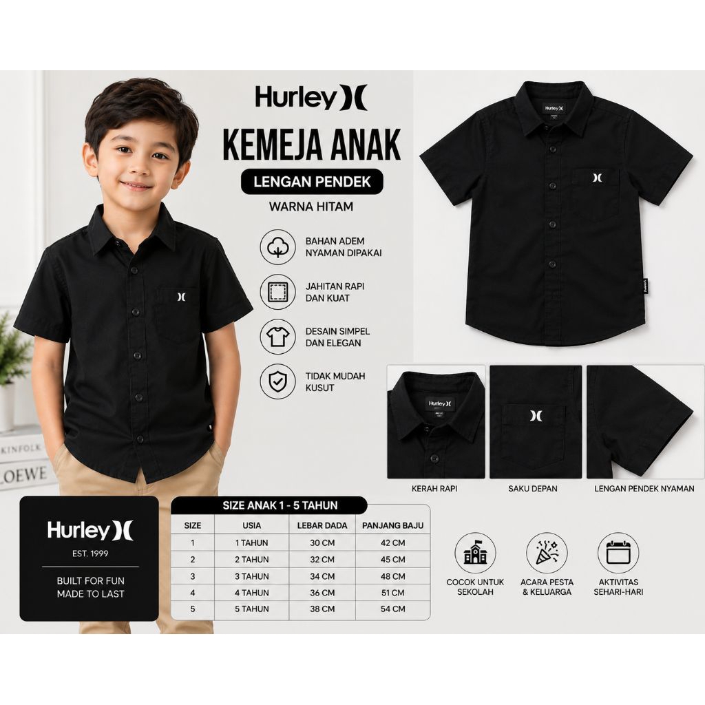 Hurley Kemeja Anak Laki-Laki Lengan Pendek Hitam Casual Size 1-5 Tahun