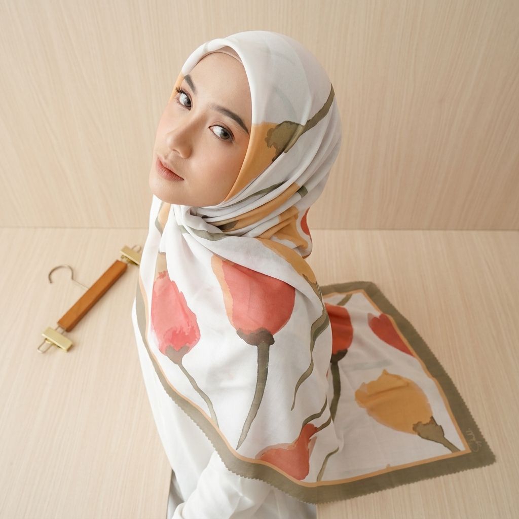 HIJAB VOAL MOTIF TULIP KUNING OREN/HIJAB MOTIF BUNGA KUPU TERBARU BL21