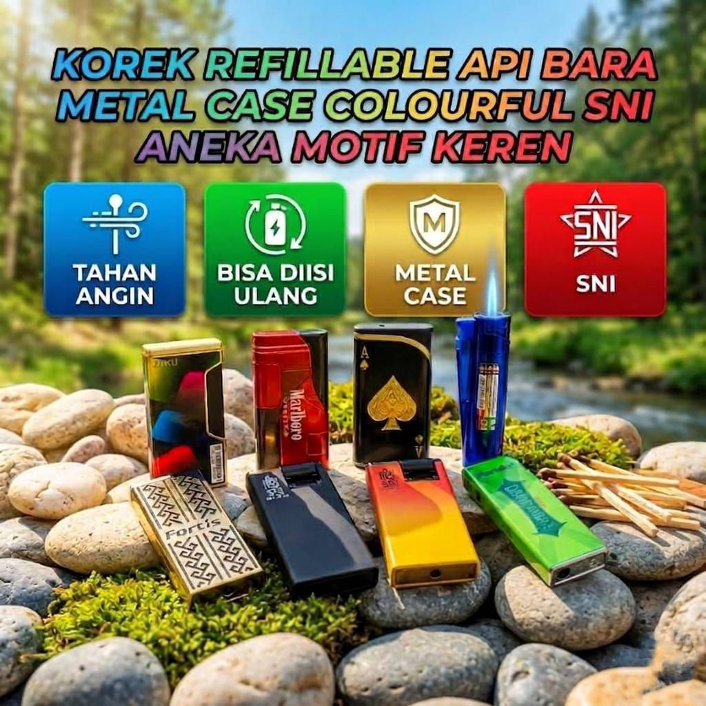 Korek api bara motif keren refillable colourful metal case SNI