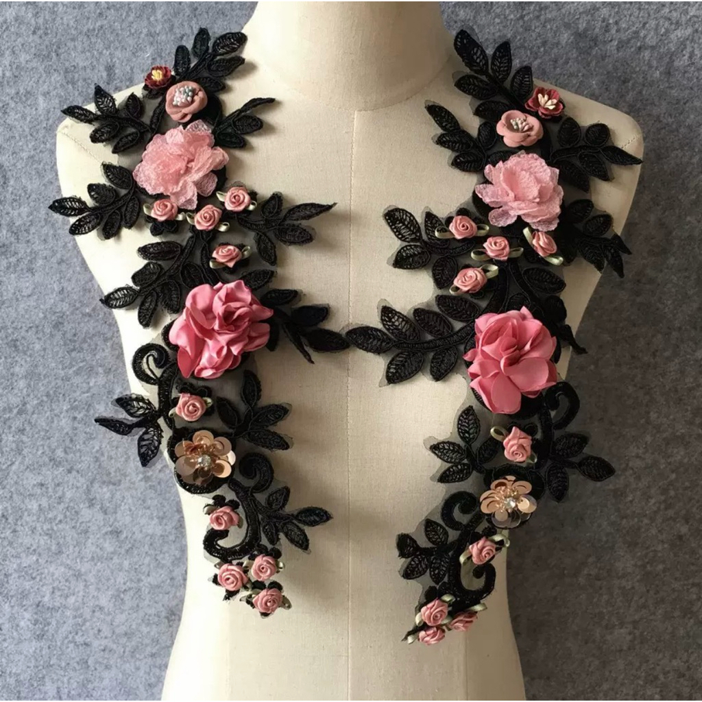A03 Renda Lace Import Black Pink Bunga 3D Premium Brocade Bordir