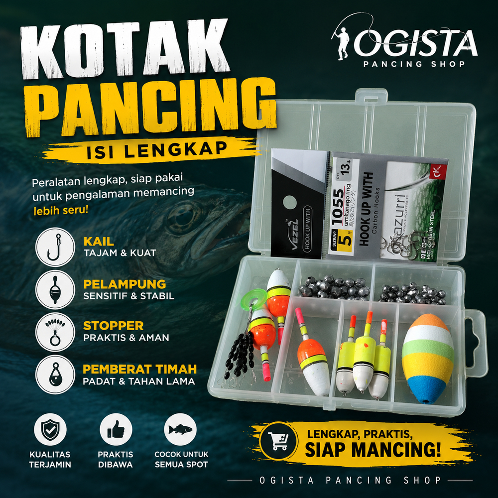 BOX KOTAK PANCING + KAIL + PELAMPUNG + PEMBERAT + STOPPER LENGKAP SATU SET