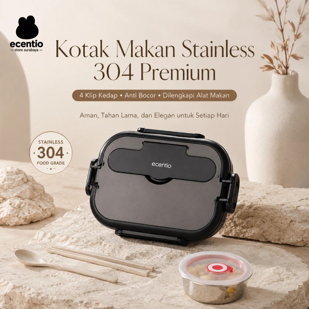 ecentio Stainless Lunch Box 1000ml 4 Sekat, Kotak Makan 304 Stainless Tempat Makan Tempat Bekal Maka
