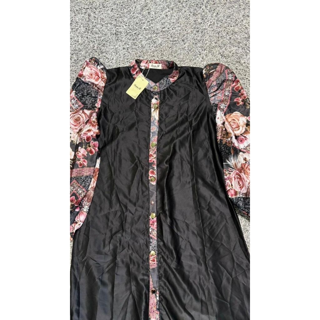 GAMIS LENGAN PUFFY MOTIF BUNGA | GAMIS SATIN WANITA | GAMIS MEWAH
