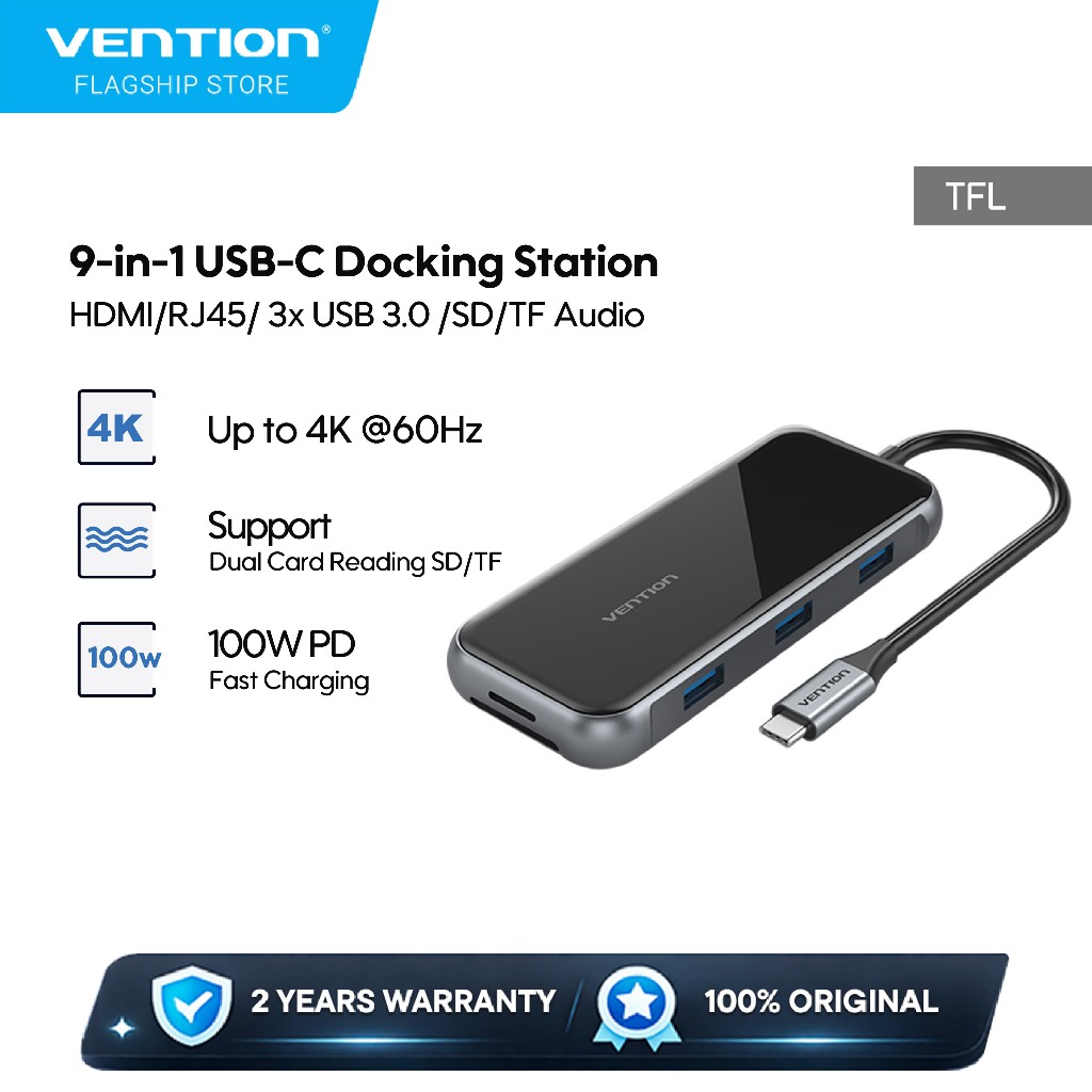 Vention Hub Multiport 9in 1 Docking Station USB Type C To HDMI TRRS VGA PD 100W Acrylic Type - TFL