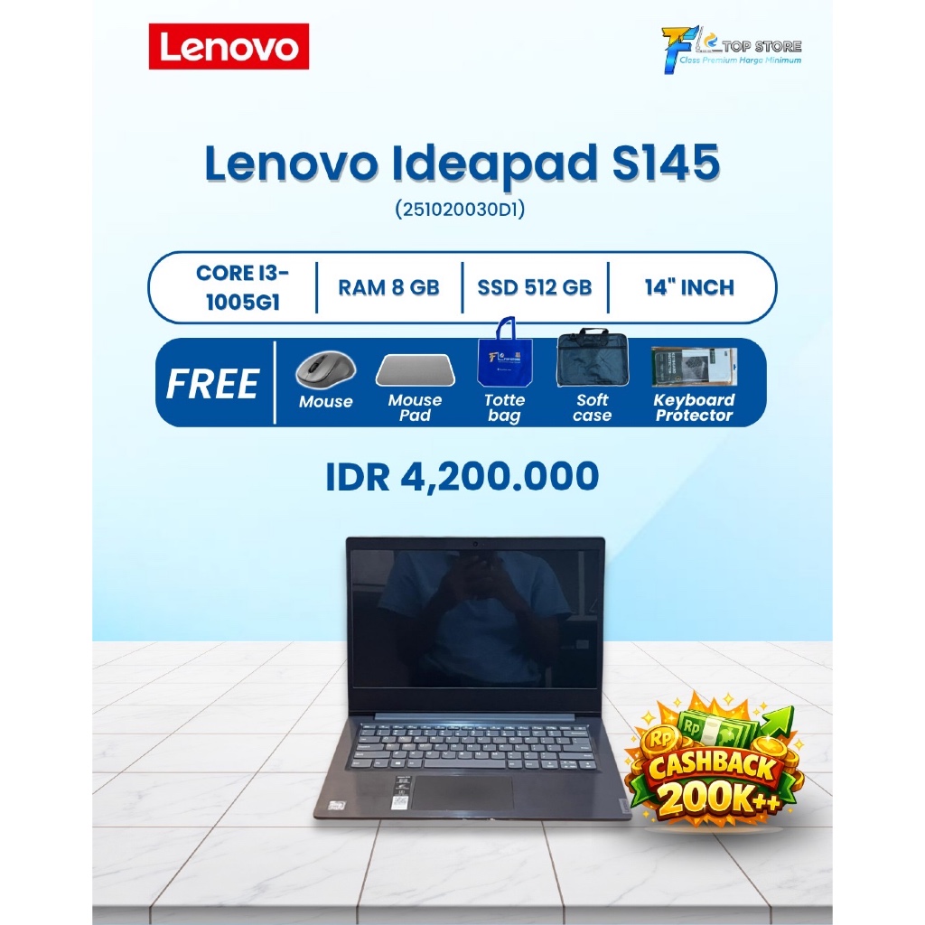 LAPTOP LENOVO IDEAPAD S145 INTEL CORE I3 GEN 10 | RAM 8GB SSD 512GB | SIAP PAKAI